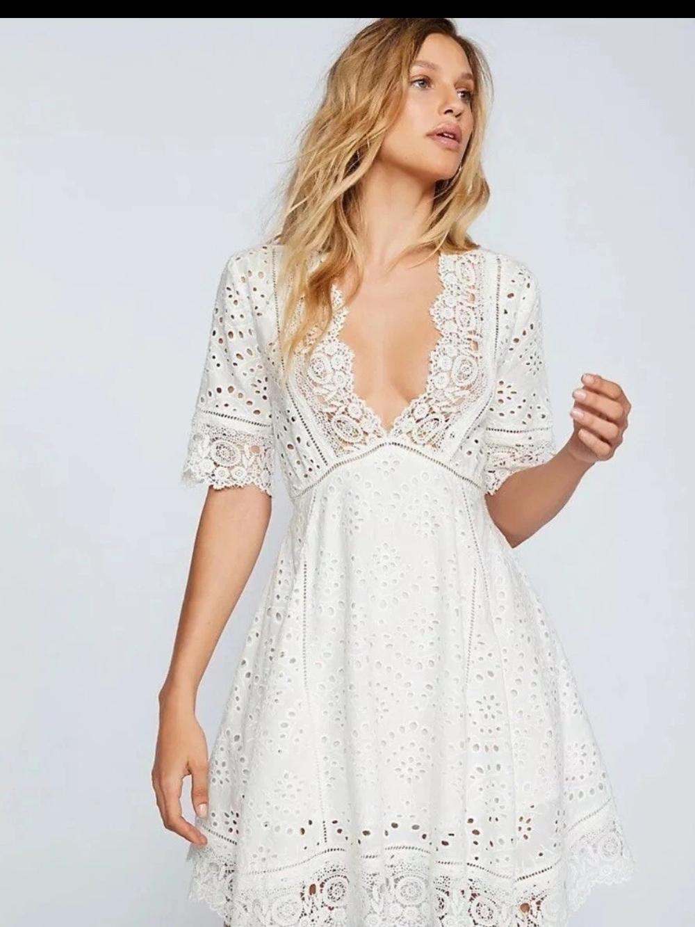 Nightcap Clothing/ Free People White Eyelet Lace V-Neck Mini Dress